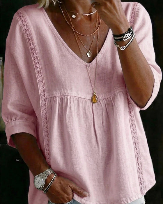Blouse Ruffle Rand V-Hals Ellebooglange Mouw