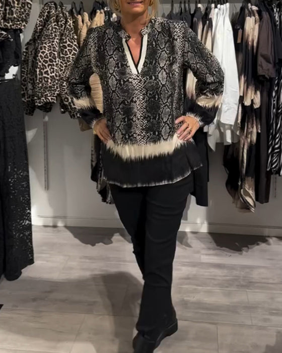 Blouse met kleurblokken met V-hals en slangenprint