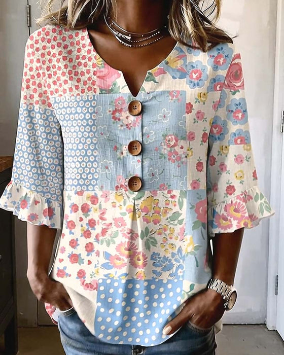 Blouse Korte Mouw Bloemenprint Patchwork