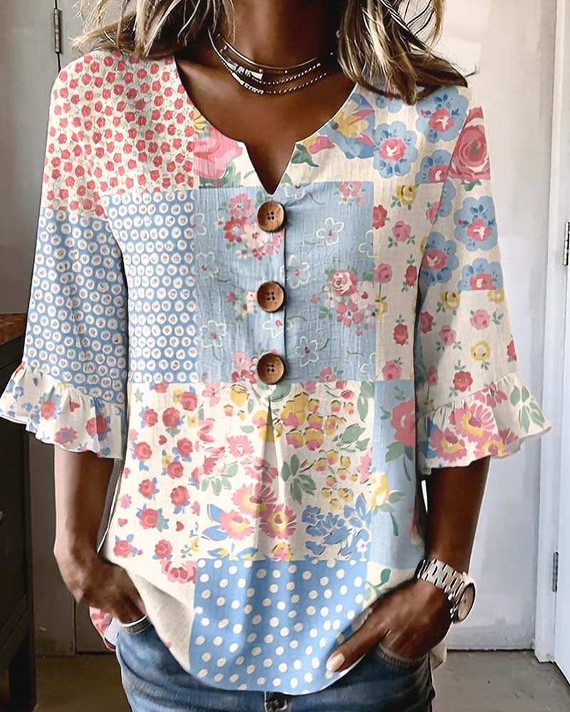 Blouse Korte Mouw Bloemenprint Patchwork