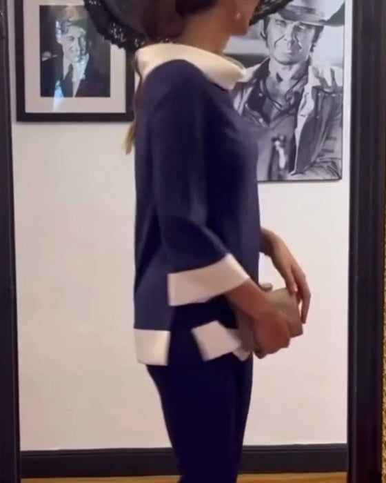 Casual contrasterende kleur losse top met opstaande kraag