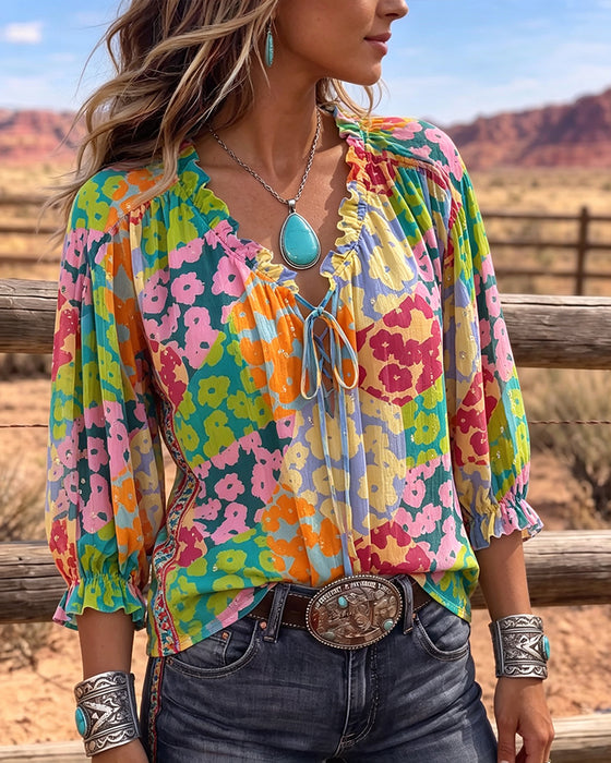 Blouse Bloemen V-Hals Strik-Voor Poef Mouw