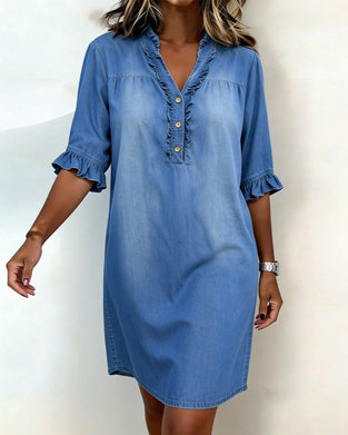 Jurk Ruches V-Hals Denim