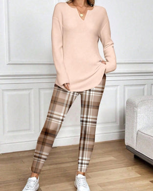 Set V-Hals Effen Top + Ruit Broek Loungewear