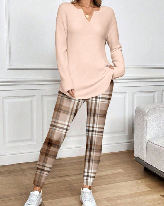 Set V-Hals Effen Top + Ruit Broek Loungewear