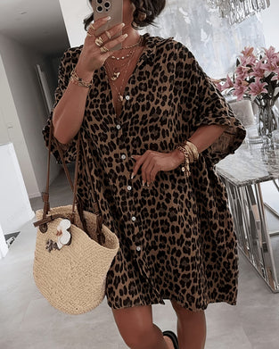 Jurk Kraag Luipaardprint Loose Shirt