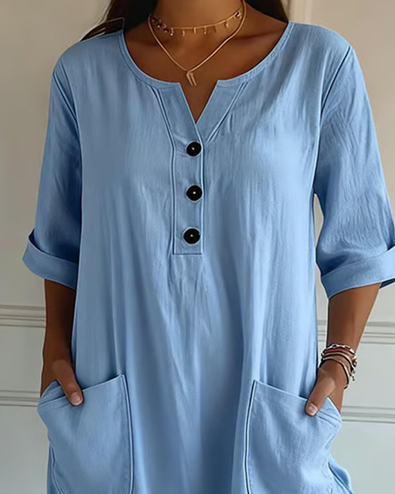 Jurk V-Hals Knoop Zak Halve Mouw