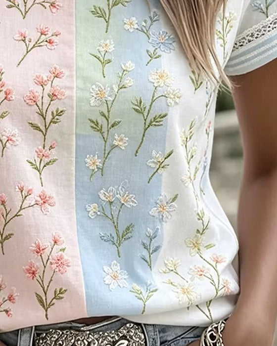 Blouse Kant Patchwork Contrast Bloemen