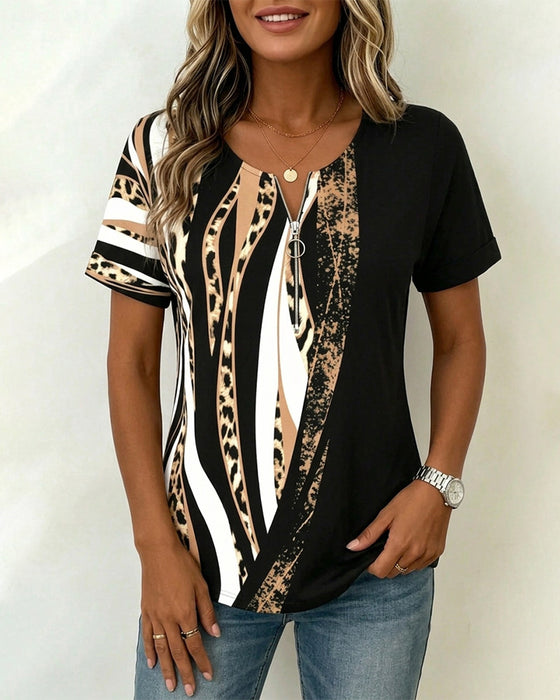 T-Shirt Rits Luipaard Print Kleurblok Casual