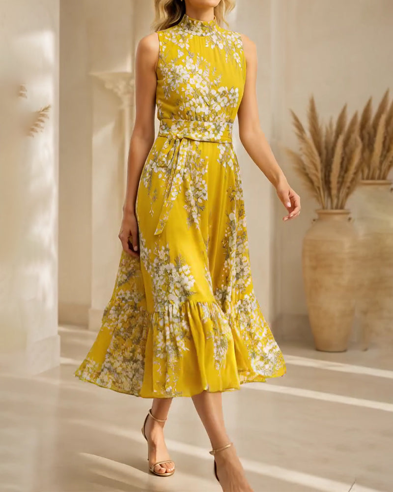 Jurk Mock Neck Mouwloos Getailleerd Bloemen