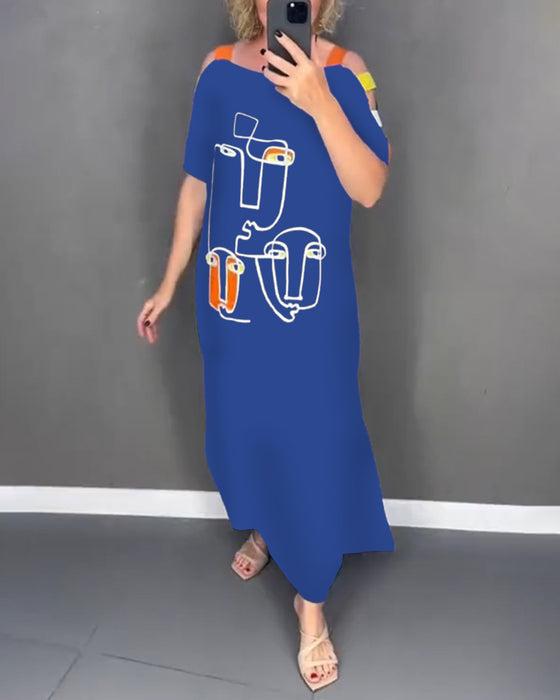 Jurk Koude Schouder Uitholling Print Split