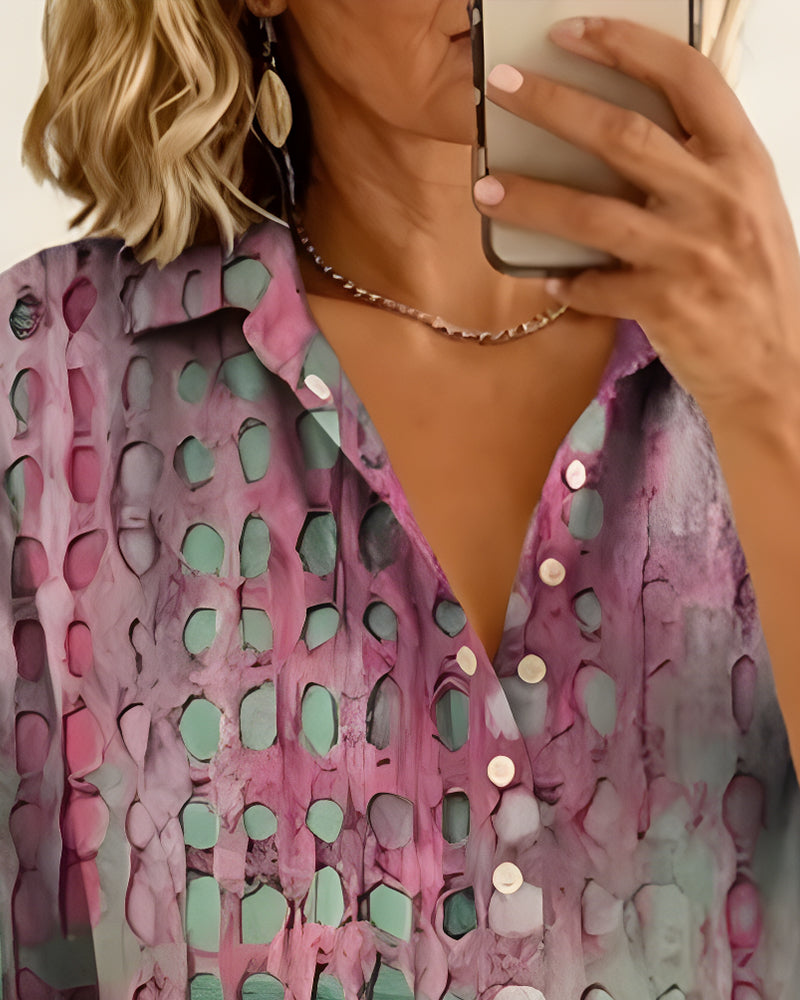 Blouse Stippenprint Knoop Half Knoopsluiting