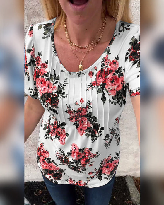 T-Shirt Met Ronde Hals Bloemenprint Geplisseerd
