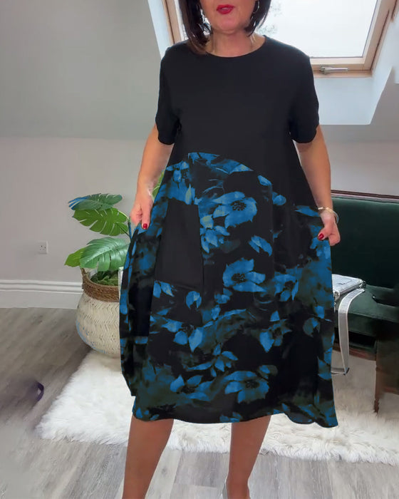Casual patchworkjurk met ronde hals en bloemenprint
