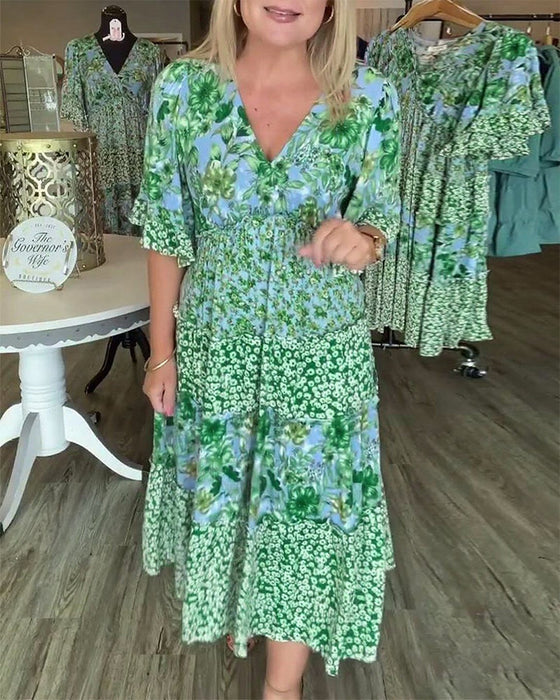 Jurk V-Hals Lotussmouwe Bloemig