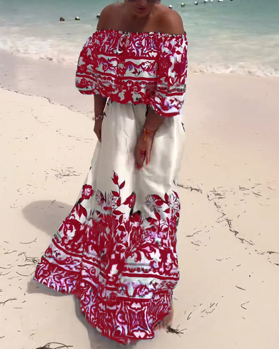 Jurk Off-Shoulder Gedrukt Resort