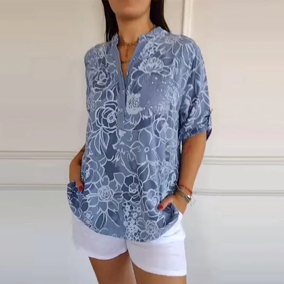 Blouse V-hals Met Knopen Bedrukt