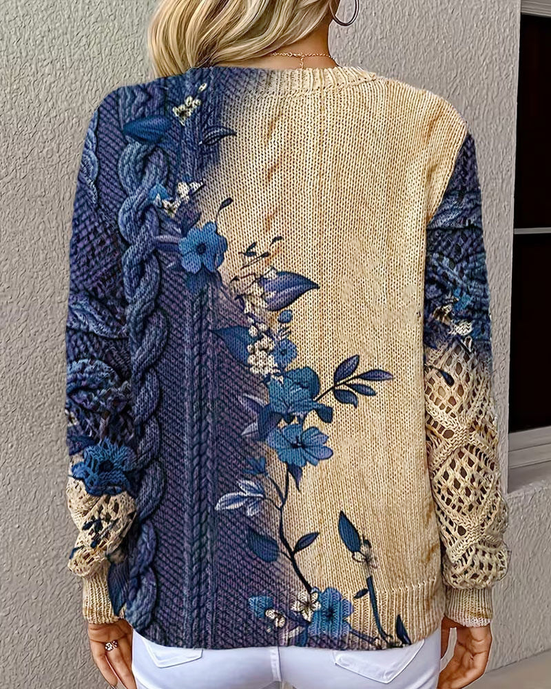 Pullover Verloop Kleurblok Bloemig V-Hals Uitgesneden
