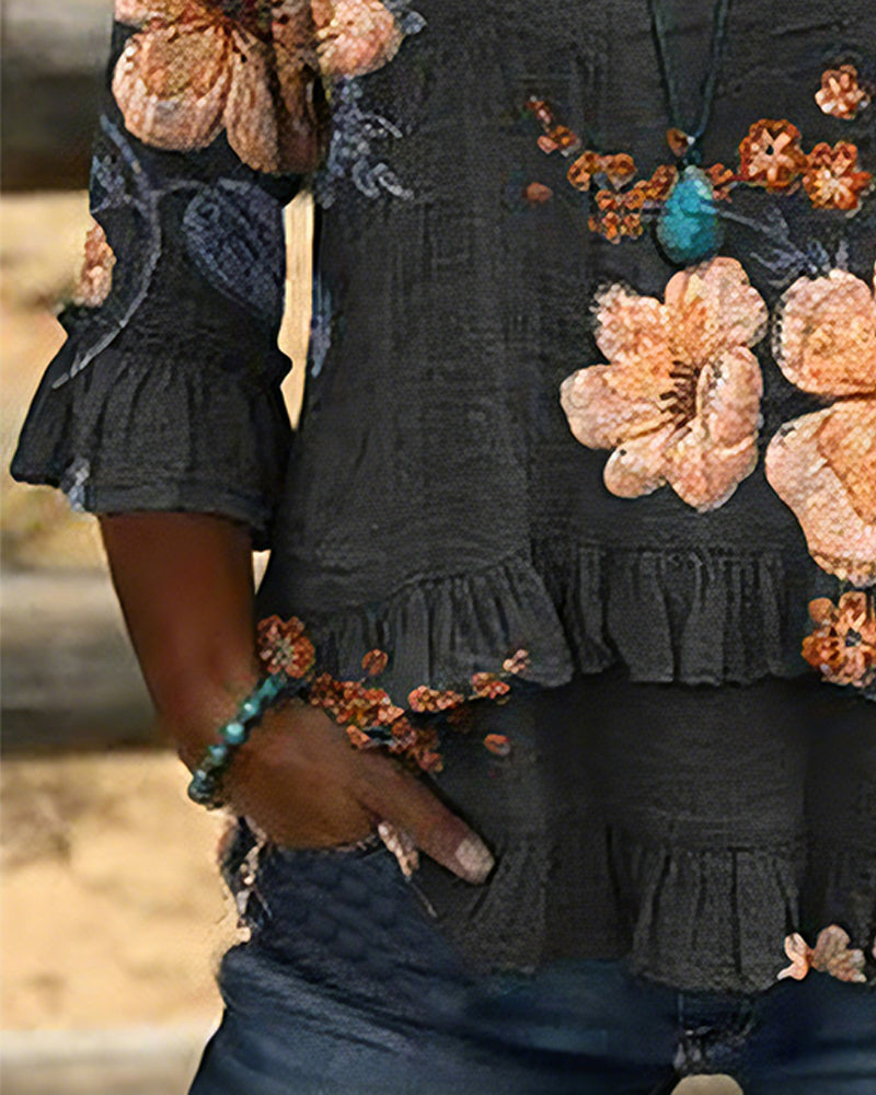 Blouse V-Hals Vintage Bloemen Loose Fit
