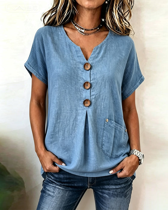 Blouse V-Hals Grote Knoop Korte Mouw