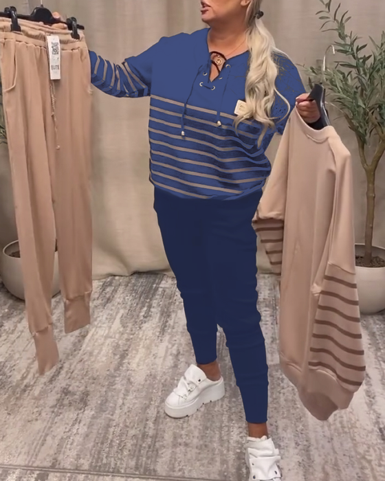 Tweedelig Set Met Casual Gestreepte Sportbroek Tot De Enkel