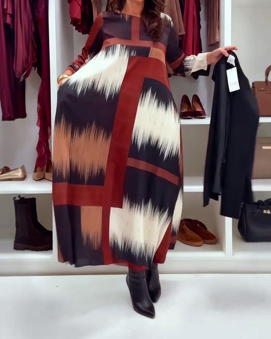 Modieuze Gedrukte Jurk Met Ronde Hals En Lange Mouwen