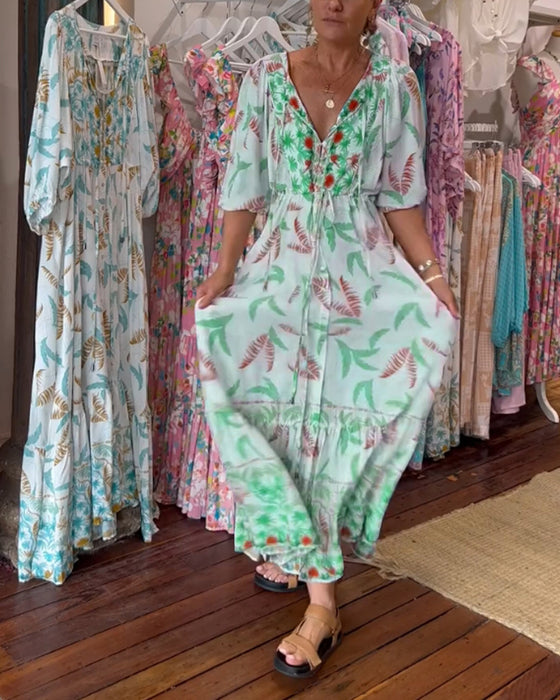 Maxi-jurk met bladprint voor dames met V-hals