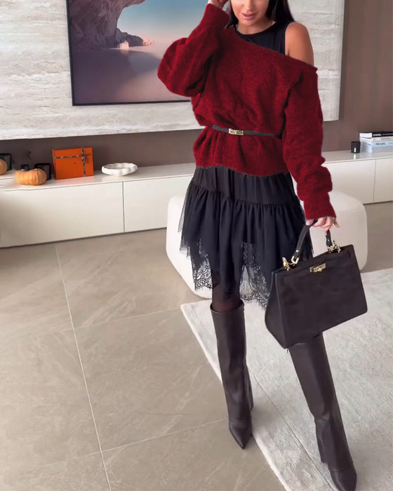 Off-Shoulder Wijd Trui & Kant Zoom Jurk