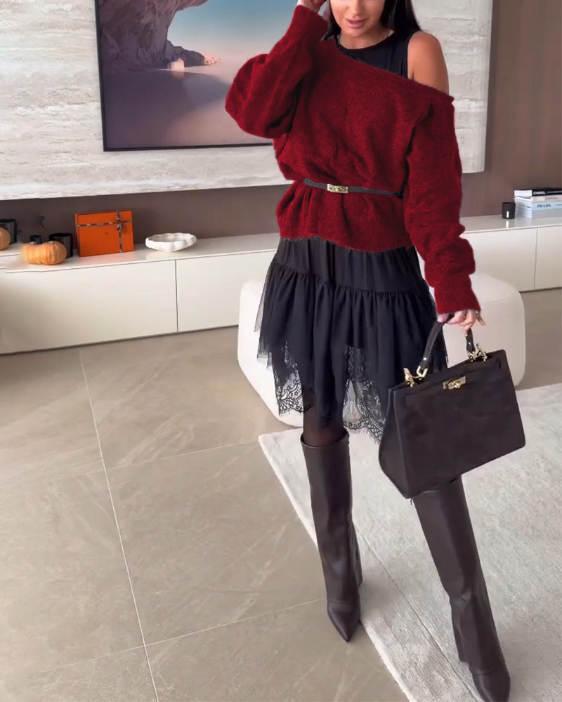 Off-Shoulder Wijd Trui & Kant Zoom Jurk