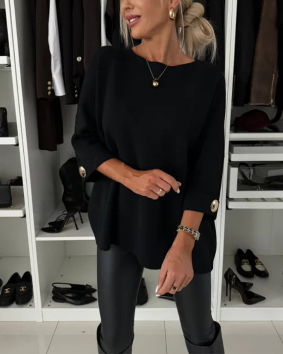 Mode effen kleur pullover met ronde hals en knoop