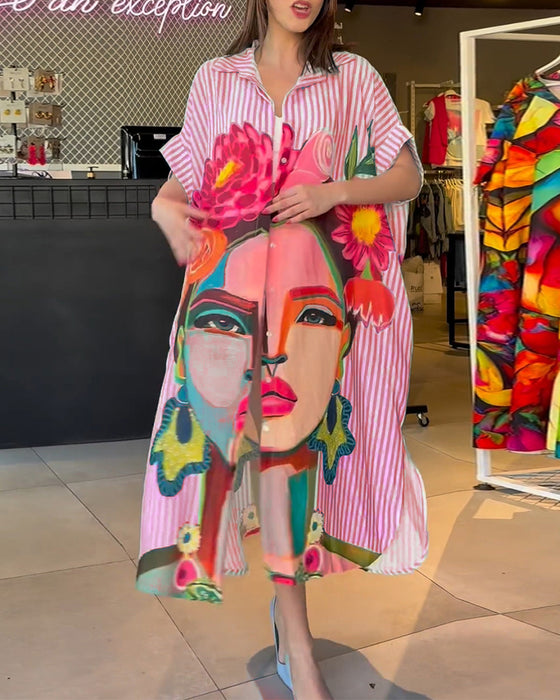 Verticale gestreepte blouse met reverssplit en karakterprint