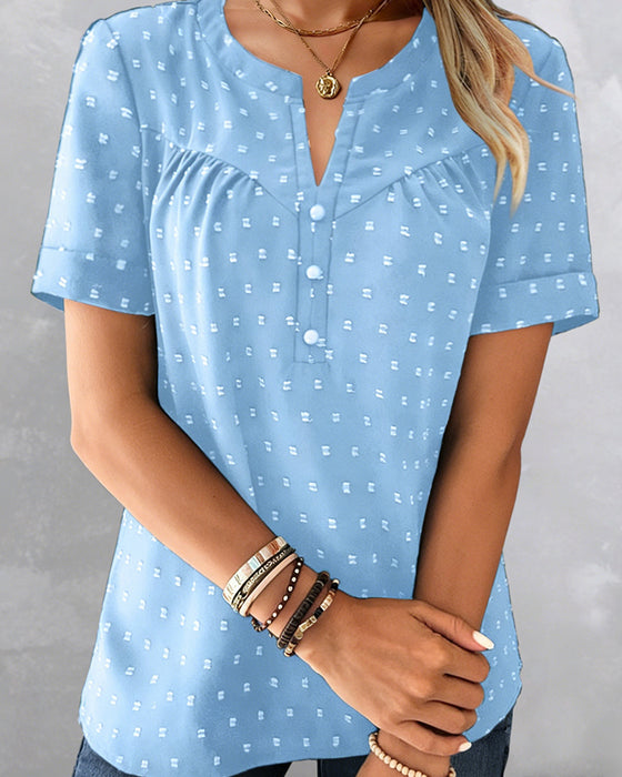 Blouse Jacquard V-Hals Half Sluiting Korte Mouw