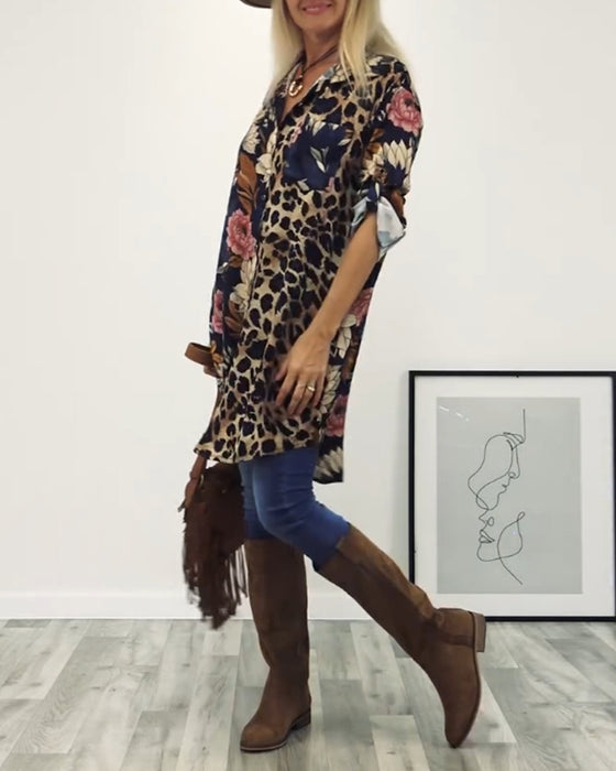 Revers overhemd met patchwork en luipaardprint