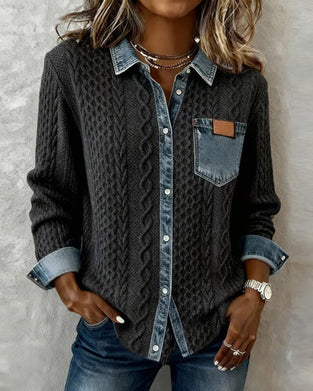 Langmouwige Blouse Met Denim-Patchwork