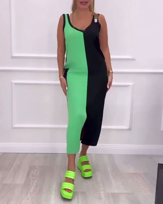 Jurk modieuze contrasterende kleur split