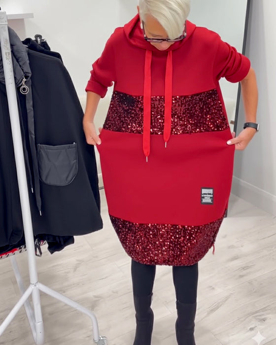 Jurk Met Capuchon En Modieus Patchwork