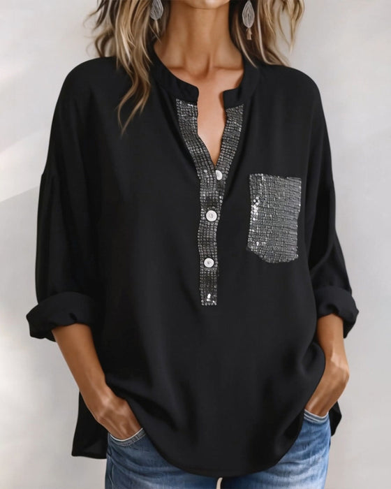 Casual Top Pailletten Patchwork Losvallend