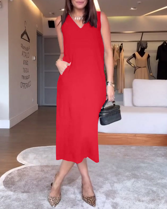 Jurk casual v-hals mouwloos effen kleur split