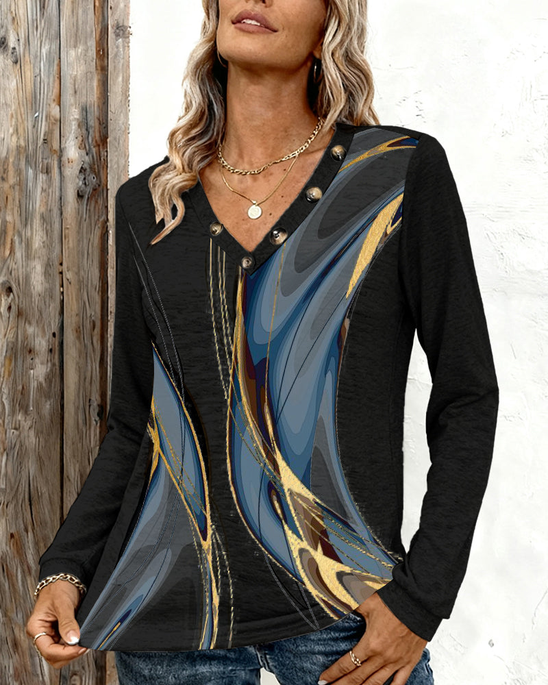 Gedrukte Casual Top Met V-Hals En Lange Mouwen