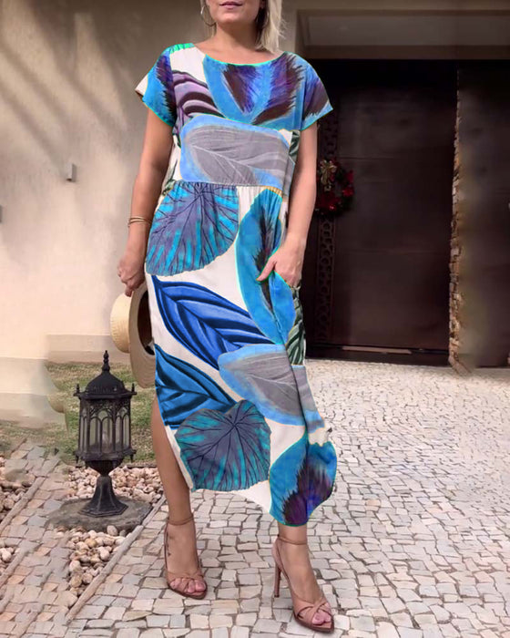 Jurk met split en korte mouwen met bladprint