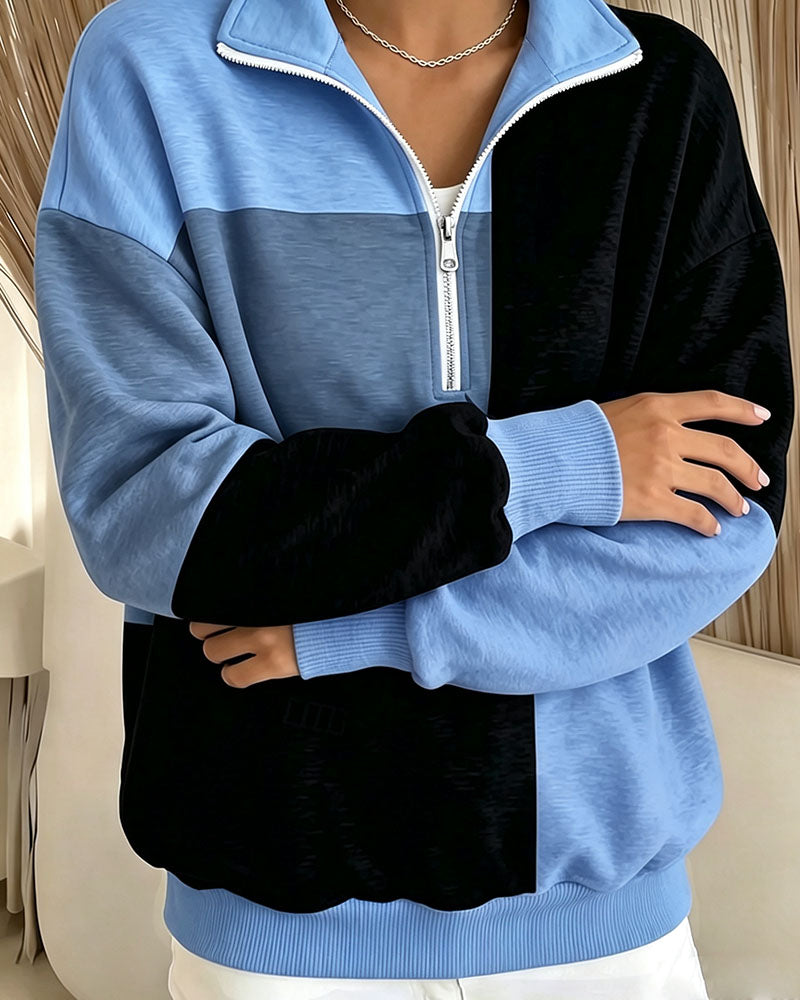 Sweatshirt Geruit Kleurblok Rits Staande-Kraag