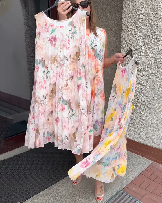 Jurk Mouwloos Geplooid Bloemig