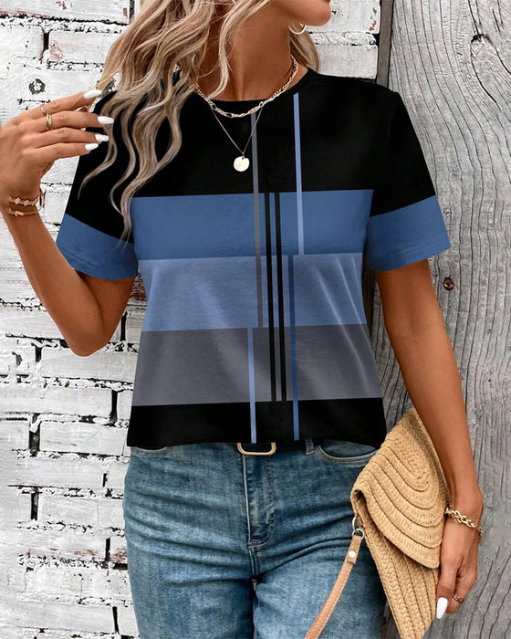 T-Shirt Ronde Hals Geometrische Print Korte Mouw