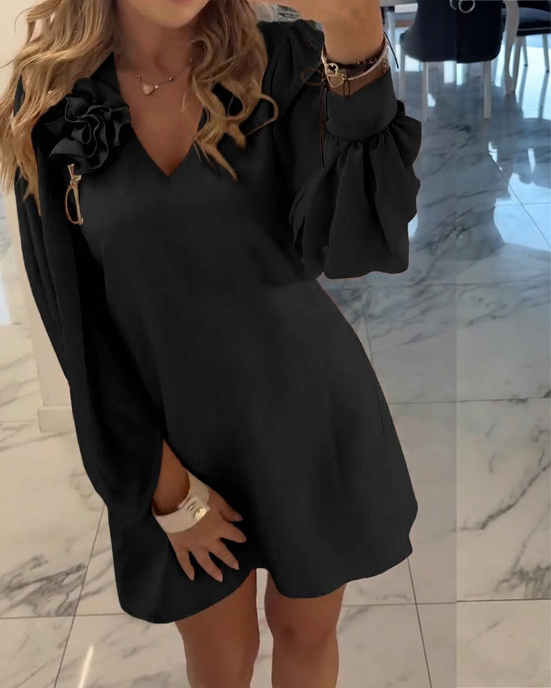 Jurk Driedimensionale Bloem V-hals Lantaarn Mouw