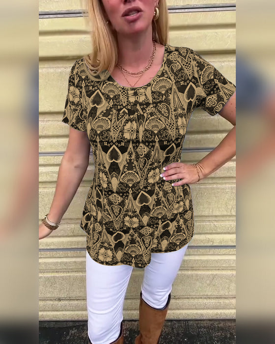 T-shirt casual retro ronde hals bedrukt