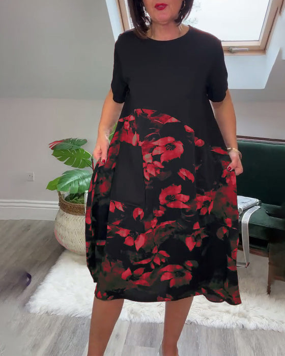 Casual patchworkjurk met ronde hals en bloemenprint