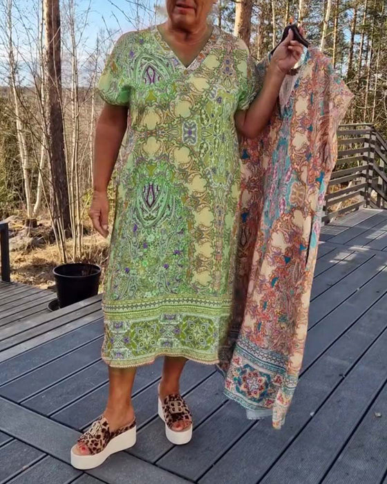 Jurk V-Hals Korte Mouwen Bedrukt Recht