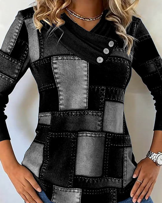 Langmouwige Top Met V-Hals En Effen Contrast