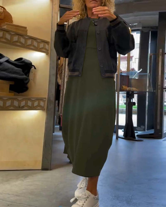 Effen kleur jurk met ronde hals lange mouw en zak