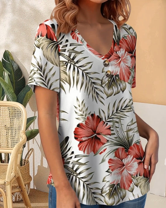 T-Shirt V-Hals Bladdruk Korte Mouw